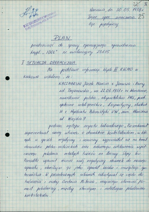 Plan przedsięwzięć do sprawy operacyjnego sprawdzenia krypt. „Idol” (strona pierwsza). Warszawa, 30 V 1978 r. (z zasobu IPN)