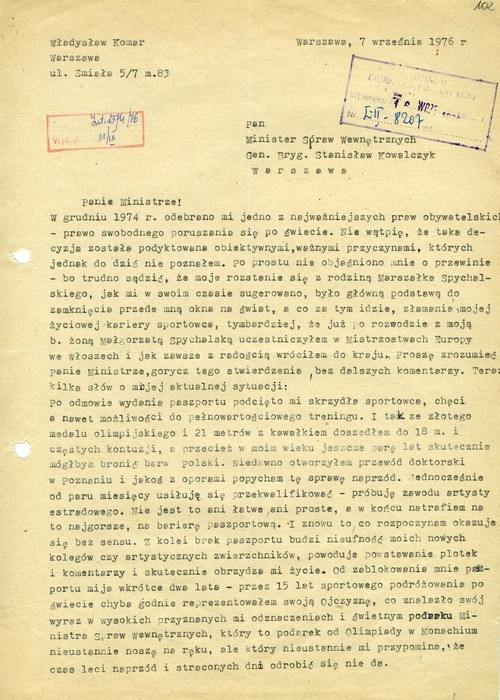 Pismo Władysława Komara do ministra spraw wewnętrznych Stanisława Kowalczyka z dnia 7 września 1976 roku