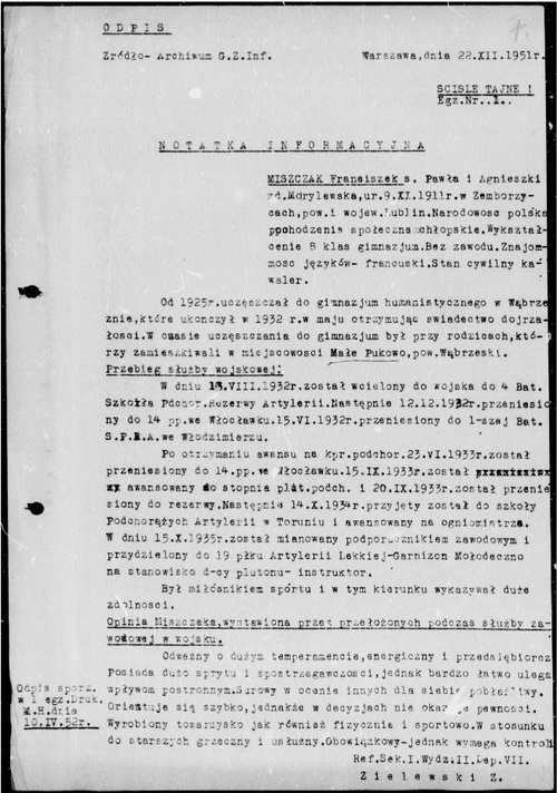 Notatka infromacyjna GZI dot. Franciszka Miszczaka, 1951 (z zasobu IPN)