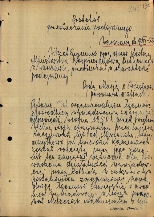 Protokół przesłuchania Marii Ordy, 1952 (z zasobu IPN)