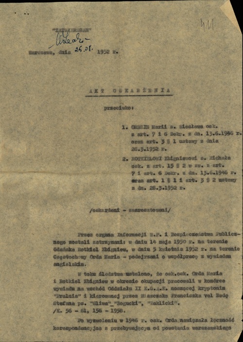 Akt oskarżenia przeciwko Zbigniewowi Rotkielowi i Marii Ordzie, 1952 (z zasobu IPN)
